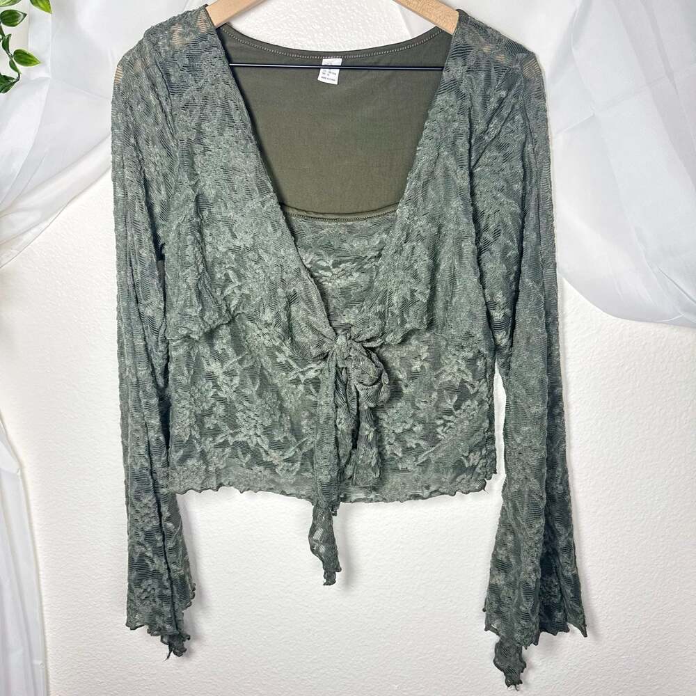Y2K Forest Green Fairy Boho Lace Tie-Front Long Bell Sleeve Cami Top